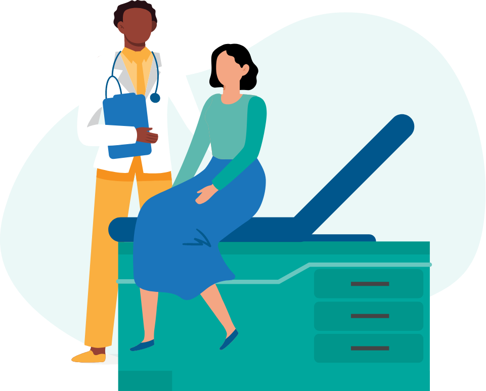 Illustration of a medical provider meeting with a patient. The provider is standing and holding a clipboard, and the patient is seated on a medical table/seat with her hand on her left thigh.