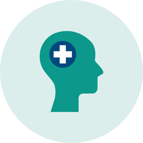 Illustrated green human profile with a navy blue circle and white healthcare cross symbol