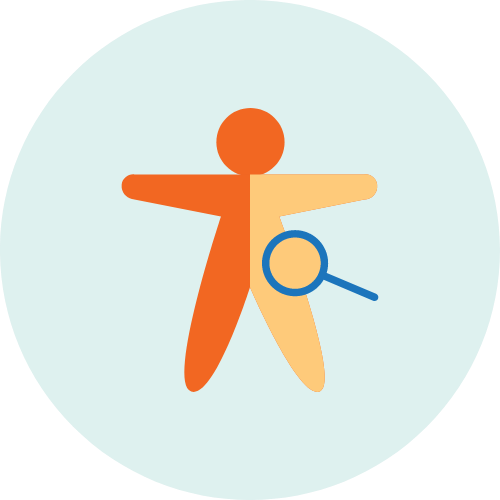Illustrated orange and yellow person with a blue magnifying glass