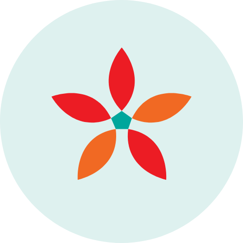Illustrated red and orange flower with a teal center